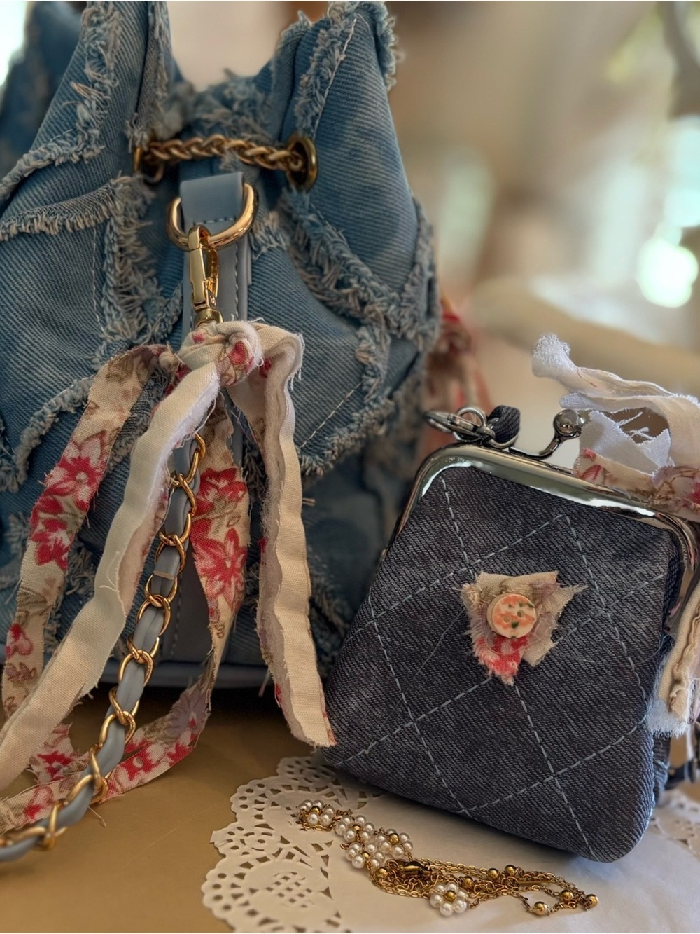 Denim and quilted purse with coordinating coin purse.  Up cycled bag. - Picture 10 of 14